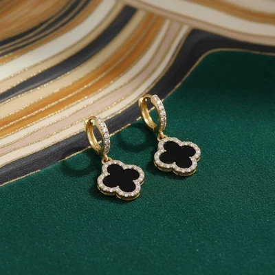 Black Clover Dangle Hoop Earrings CZ Pave Gold Tone Minimalist Designer Style - Image 1 of 4