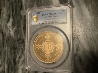 2021 Solomon Islands Platinum Jubilee $50 5 Ozs Gold W/PCGS PR69  mintage 10 - Image 1 of 2