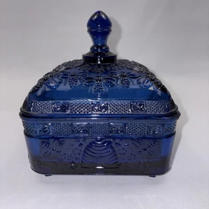 Indiana Glass Honey Bee Box Glass Candy Dish Trinket Jar COBALT BLUE EVC - Picture 1 of 10