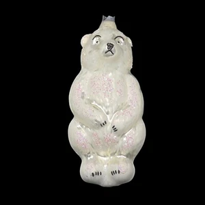 Polar Bear Christmas Ornament Blown Glass German Germany Holiday White Glitter - Picture 1 of 14