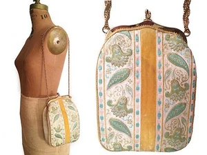 Vtg. Silk Brocade & Yellow Velvet Tapestry Evening Purse- Shabby Retro - Picture 1 of 12