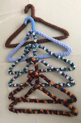 Vintage Crocheted Yarn Covered Wire Hangers Lot Of 6 Brown Blue Handmade 1960's - Image 1 of 4