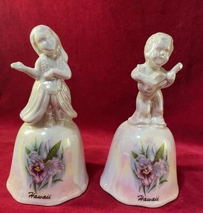 Vintage Hawaiian Porcelain Bells Iridescent Hula Girl & Ukulele Boy 4 3/4” - Picture 1 of 9