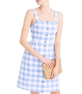 J Crew Gingham Dress Women 0 Sleeveless Linen Blend Blue White Button Front Mini - Picture 1 of 10