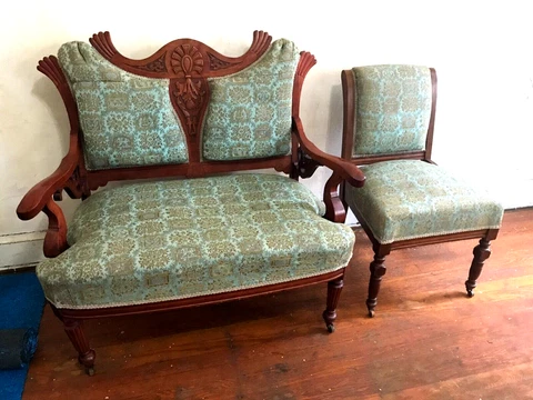 Antique Carved Victorian Parlor Arm Chair set pair double single wood casters Cover