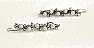 Vintage weiße Kunstperlen Strass silberfarbene Metallspangen (2) 2 Zoll L - Bild 1 von 3