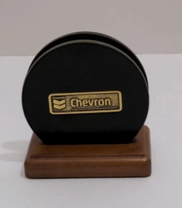 Chevron Gasoline Coasters BTS Group Leather & Brass With Wood Display Stand - Picture 1 of 7