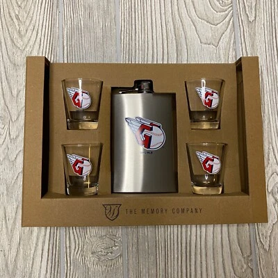 Cleveland Guardians Logo Frasco de Acero Inoxidable y Juego de Regalo de 4 Vasos MLB Nuevo Foto 1 de 4