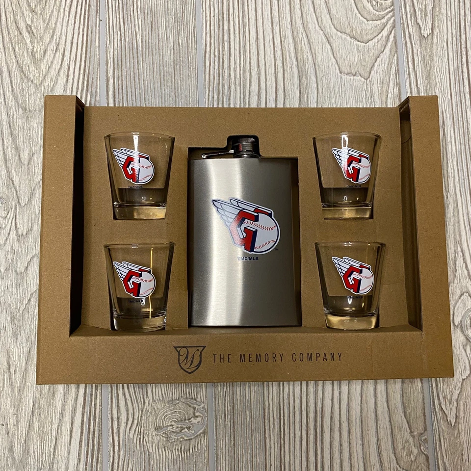 Cleveland Guardians Logo Stainless Steel Flask and 4 Shot Glass Gift Set MLB New - Image 1 of 4