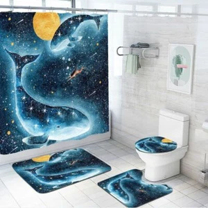 Galaxy Whale Waterproof Shower Curtain Set Non-Slip Bath Mat Toilet Lid Cover - Picture 1 of 14