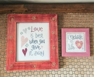 2 Wood Framed Art Handmade Cross Stitch Love And Life - Picture 1 of 2
