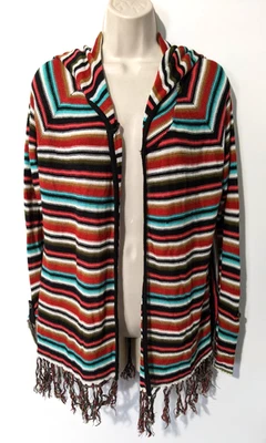 Element Women's Open Front Hooded Sweater Sz M Striped 100% Acrylic Fringe Hem - Image 1 of 4