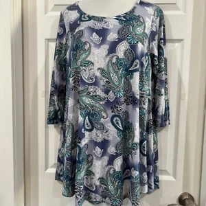 Larace Womens Plus Size 1X Soft Knit Swing Tunic Top Blouse Paisley Blue - Picture 1 of 10
