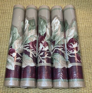 5 WAVERLY Red Burgundy Cherry Green Vine Leaf Tan Fruit Wall Paper Border 5yd ea - Picture 1 of 9