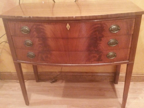 Hepplewhite Serpentine Sideboard Buffet Vtg w/Key Inlaid Wood Brass Ornate Pulls Cover