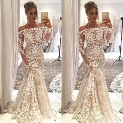 Champagne Mermaid Wedding Dresses Off The Shoulder Long Sleeve Beach Bridal Gown - Image 1 of 4