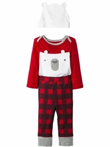 Infant Boys 3 Piece Red Polar Bear Creeper & Plaid Pants Outfit NB - Picture 1 of 3