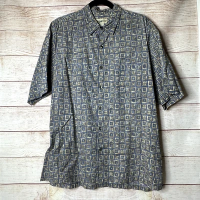 Camisa masculina TravelSmith Geo floral azul bronzeado algodão gramado havaiana manga curta G - Imagem 1 de 4