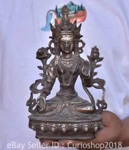 8.8" Old Chinese Silver Buddhism White Tara Spirit of Compassion Goddess Statue - Picture 1 of 14