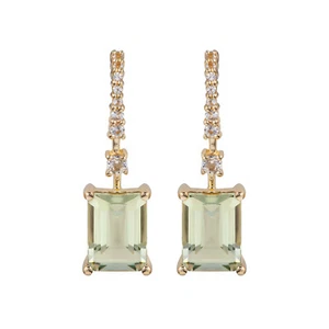 Pendientes colgantes de amatista verde y topacio blanco de corte esmeralda de oro amarillo de 10 K - Imagen 1 de 4