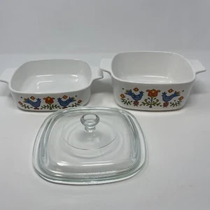 TWO 1975 Corning Ware Blue Bird Casseroles 1 & 1 1/2 Quarts & 1 Lid A-1-B A-1.5 - Picture 1 of 10