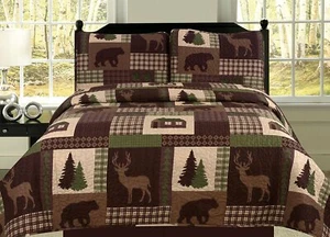 Brown Green Plaid Deer Trees 3 pc Quilt Set Twin Full Queen King Lodge Coverlet - Picture 1 of 4