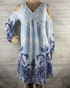 Coco + Jaimeson Dress Medium Blue White Floral Cold Shoulder Crochet Lace BOHO - Picture 1 of 12