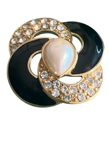 Vintage Monet Pin Brooch Gold Tone Black Enamel Faux Pearl Rhinestones 1.25" - Picture 1 of 5