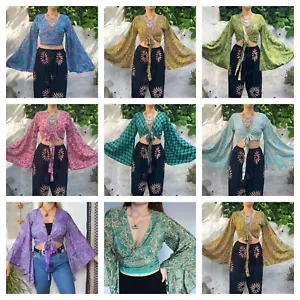 Wholesale 10 Pc Indian Vintage Silk Sari Bell Sleeve Crop Top Retro 60s Clothing - Picture 1 of 7