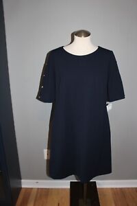 TOMMY HILFIGER Women's Navy Elbow Sleeve Gold Buttons Above Knee Shift Dress 14