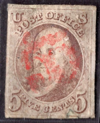 US 1847 FIRST STAMPS BEN FRANKLIN SCOTT #1 USED LIGHT RED CANCEL - Image 1 of 2