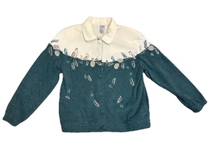 Vtg Teddi Color Block Birds Green White Cardigan Granny Button Embroidered Sz PL - Picture 1 of 9