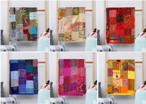 Indian Vintage Kantha Bedspread Throw Cotton Handmade Quilt Patchwork Blanket - Picture 1 of 58