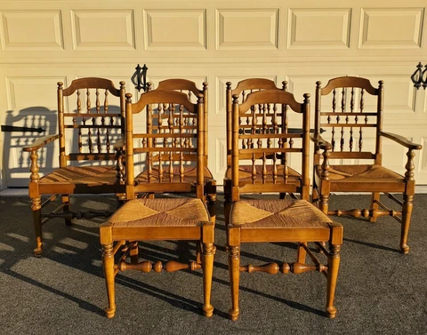 ANTIQUE LANCASHIRE SPINDLE BACK RUSH SEATED DINING CHAIRS SET OF 6 MAPLE Cover