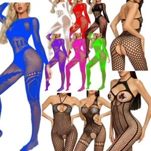 UK Women Lingerie See-through Fishnet Bodystocking Hollow Out Bodysuit Nih - Picture 1 of 46