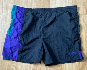 Reebok Nylon Shorts XL Vintage Logo Drawstring Black Purple Green - Picture 1 of 8