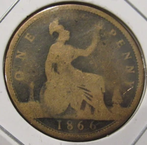 1866 British Penny Coin - Great Britain England Queen Victoria - Picture 1 of 2