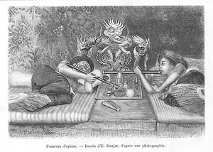 VIETNAM / FUMEURS D' OPIUM / MARCHANDES DE CHARBON / GRAVURE ENGRAVING 1889 - Foto 1 di 2