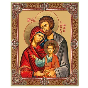Icono de madera de lámina de oro de la Sagrada Familia de 3 pulgadas, cruz de lámina de oro en la parte posterior - Imagen 1 de 2