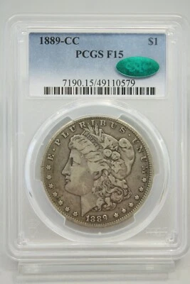 1889-CC Morgan Silver Dollar PCGS F15 Green CAC Key Date #0579 - Image 1 of 4