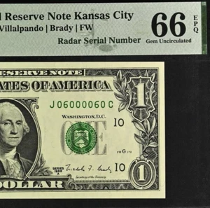 1988A $1 Federal Reserve Note PMG 66EPQ Gem - Radar Serial Number - 06000060 - Picture 1 of 3