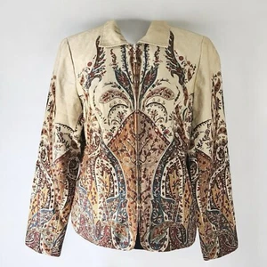 NEW Coldwater Creek Boho Jaquard Paisley Floral Beige Full Zip Jacket Sz L $89 - Picture 1 of 13