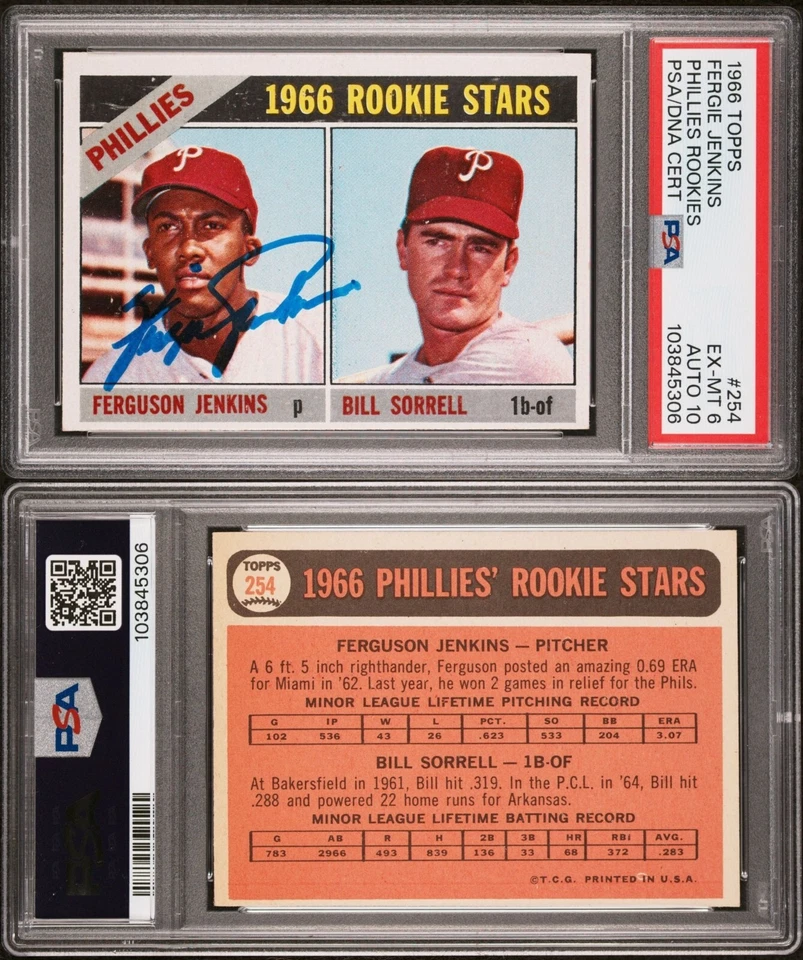 1966 Topps Fergie Jenkins Phillies HOF RC Rookie #254 Signed PSA 6 EXMT Auto 10 - Image 1 of 1