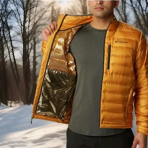 Mens Columbia Pebble Peak 700 Goose Down Gold Omni Heat Jacket Sz Med Raw Honey - Picture 1 of 11