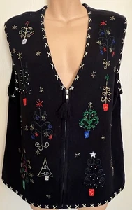 Erika Embroidered Sweater Vest Womens Large Holiday Knit Black Zip Front - Picture 1 of 8
