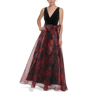 Eliza J Floral Jacquard Velvet-Bodice Ball Gown Plus Size 14 NWOT Glam Tie Waist - Picture 1 of 15