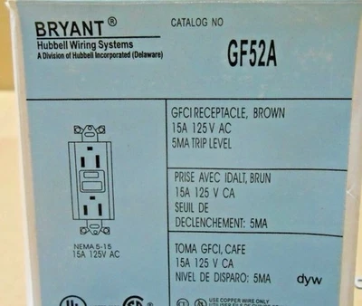 RECEPTÁCULO BRYANT GF52A GFCI MARRÓN 15A 15 AMP 125V AC 5MA NIVEL DE VIAJE NUEVO EN CAJA Foto 1 de 4