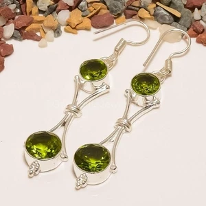 Daughters Day Sale Sterling Silver Genuine Peridot Dangle Drop Earrings Jewelry - Picture 1 of 8