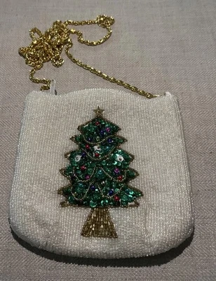 Bolsa tiracolo VNTG com miçangas árvore de Natal creme corrente dourada lantejoulas com zíper - Imagem 1 de 4