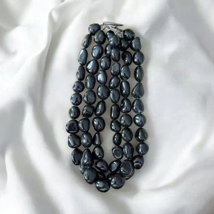 Große schwarze Onyx Nugget Glasperlen Halskette Statement Box Verschluss 3 Stränge - Bild 1 von 6